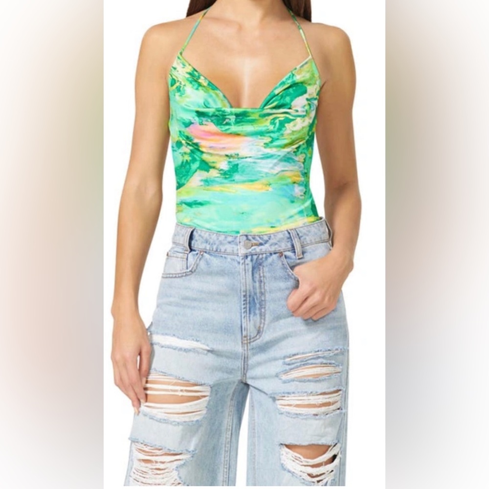 AFRM Alayna Cowl Neck Halter Bodysuit in Acid Green Marble Size Medium